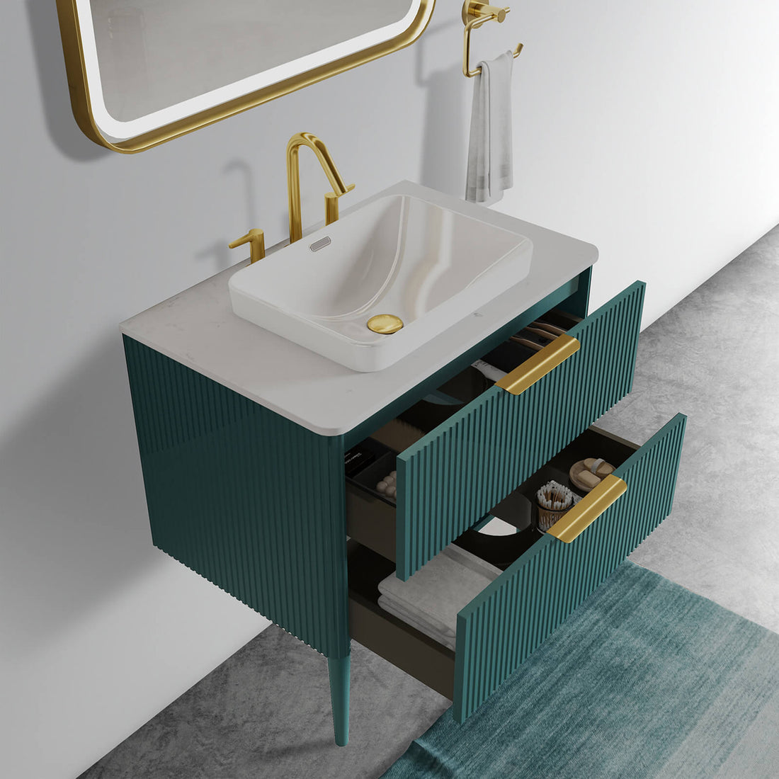 Blue 30 inch vanity with tapered legs and elegance
