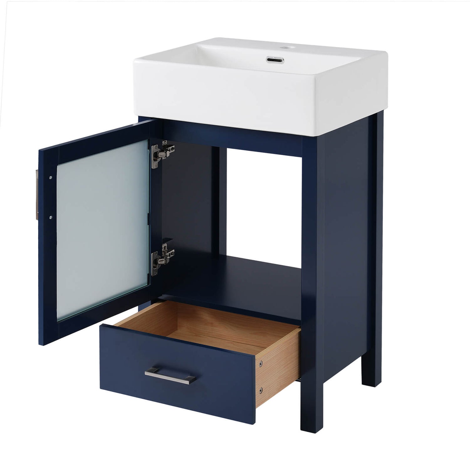 Blue MDF vanity with frosted glass door and solid wood legs