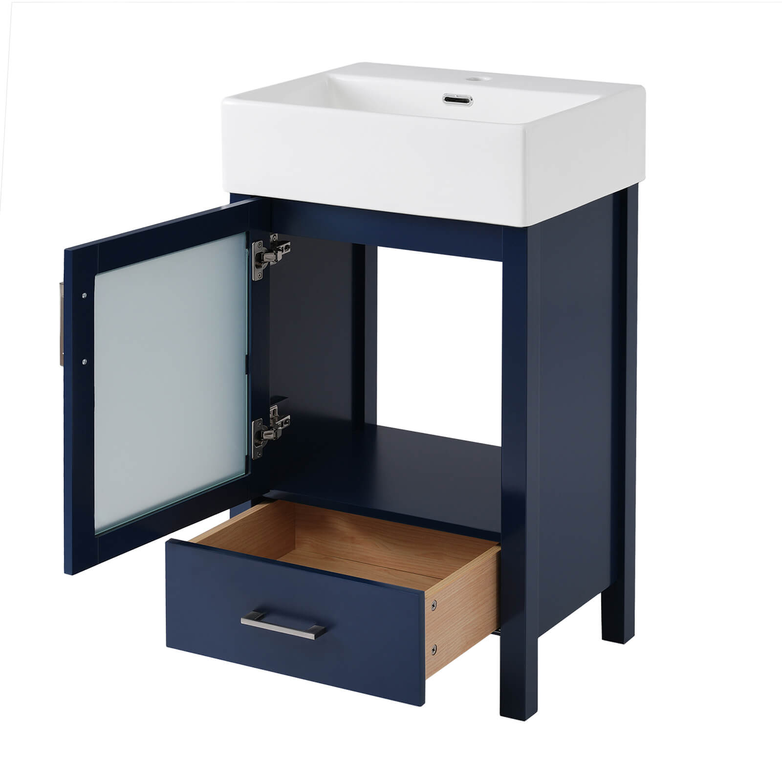 Blue MDF vanity with frosted glass door and solid wood legs