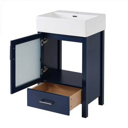 Blue MDF vanity with frosted glass door and solid wood legs