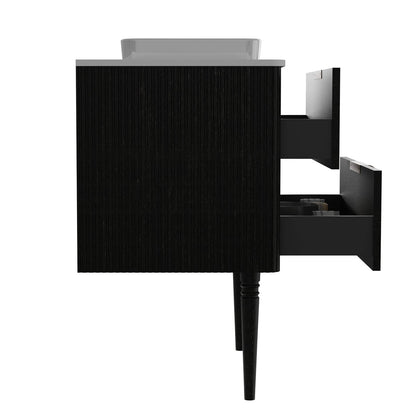 Bold black bathroom vanity with soft close drawer system