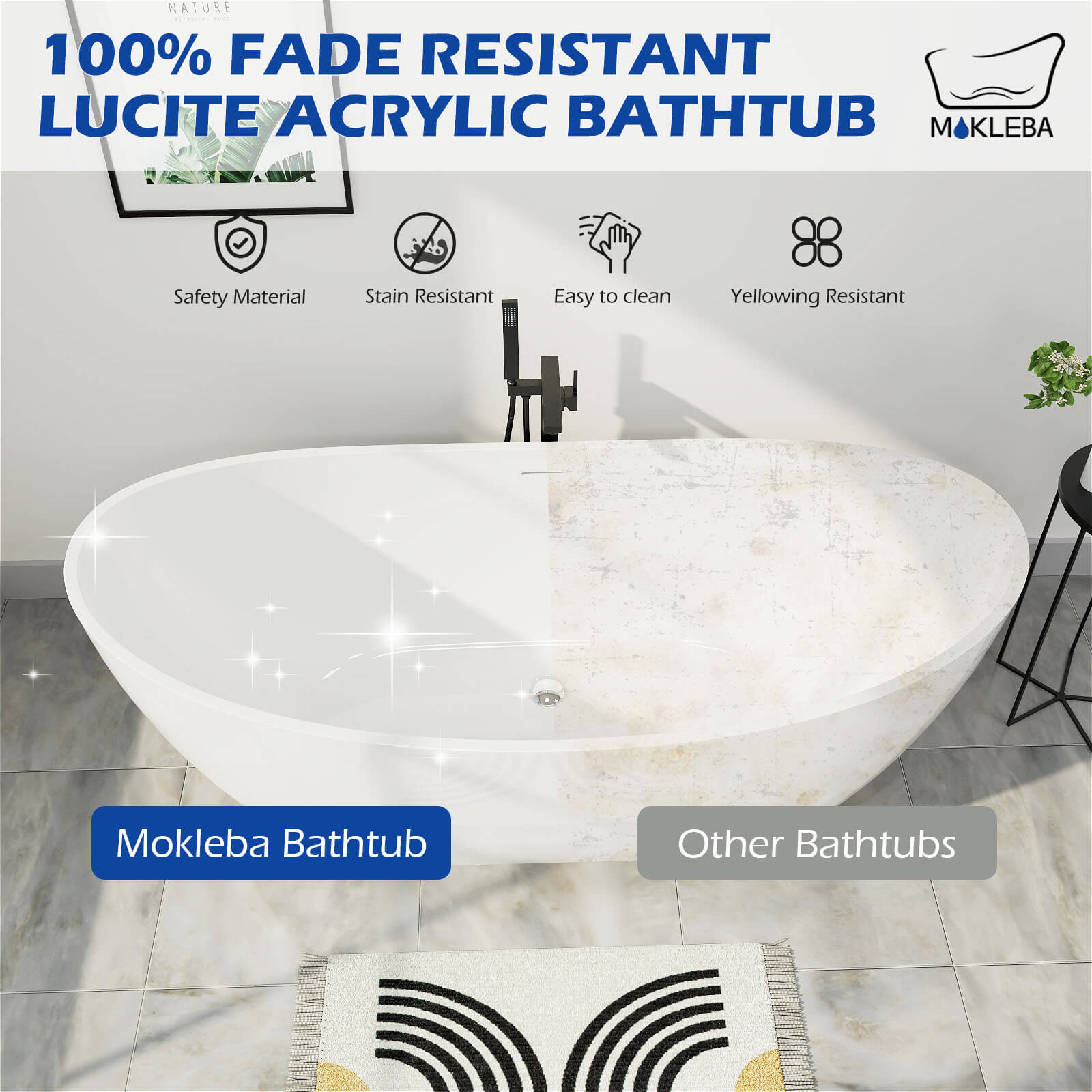 Bright White 62 inch Acrylic Double Slipper Bathtub