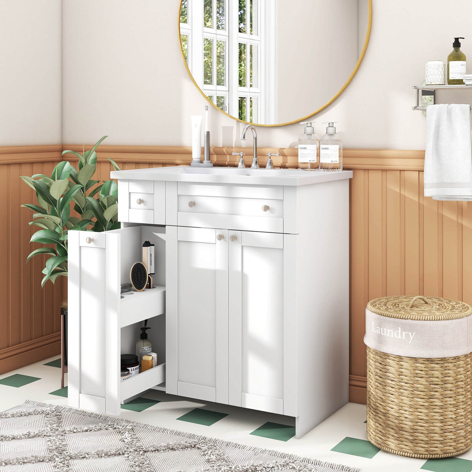 Bright white bathroom vanity with spacious storage