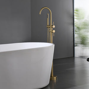 Brushed Gold Freestanding Tub Faucet with Dual Handles and Hand Shower
