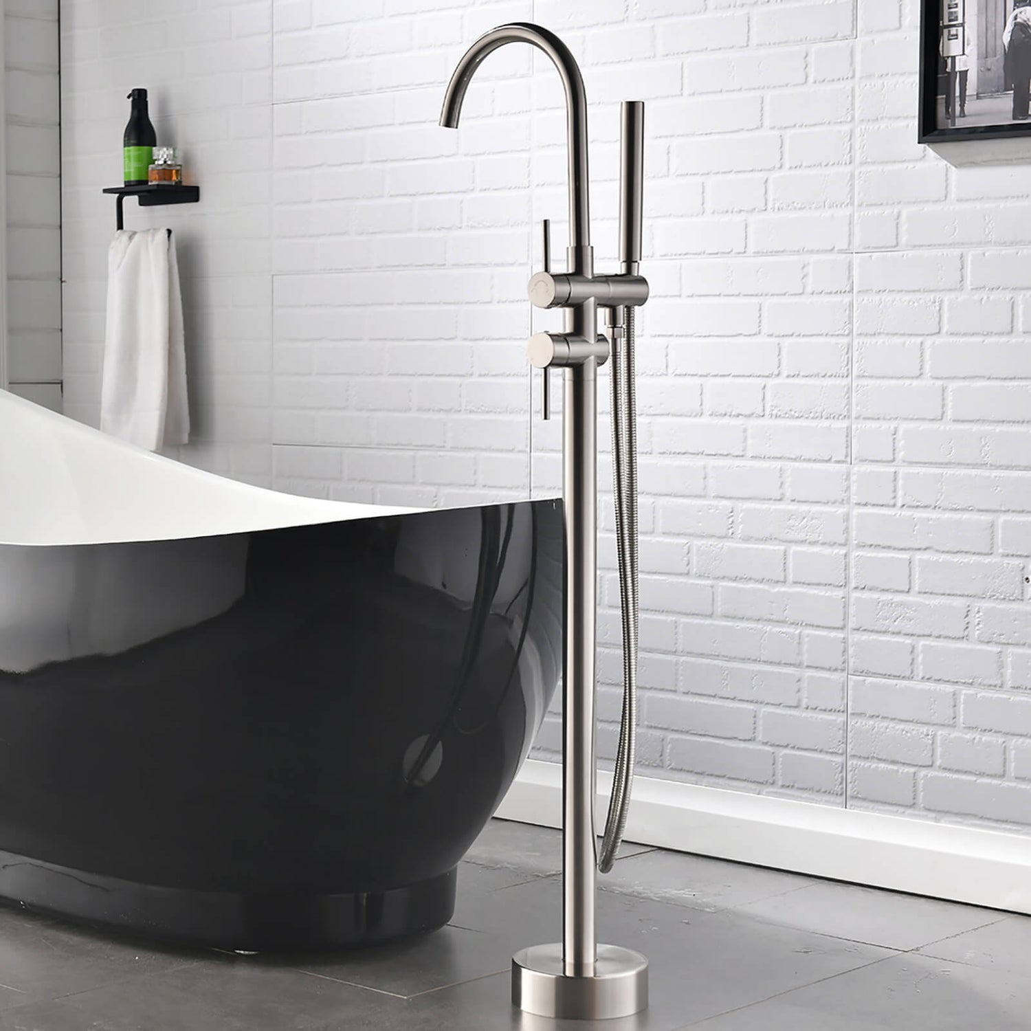 Brushed Nickel Freestanding Tub Faucet with Dual Handles and Hand Shower