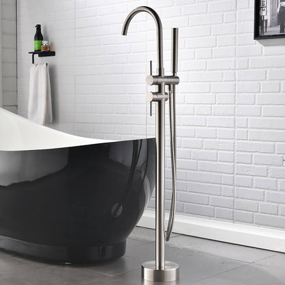 Brushed Nickel Freestanding Tub Faucet with Dual Handles and Hand Shower