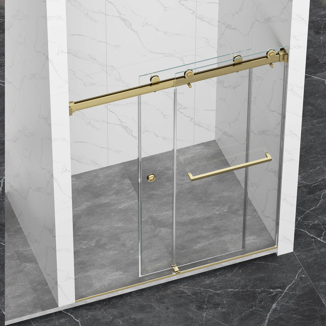 Brushed gold bypass shower door with clear tempered glass