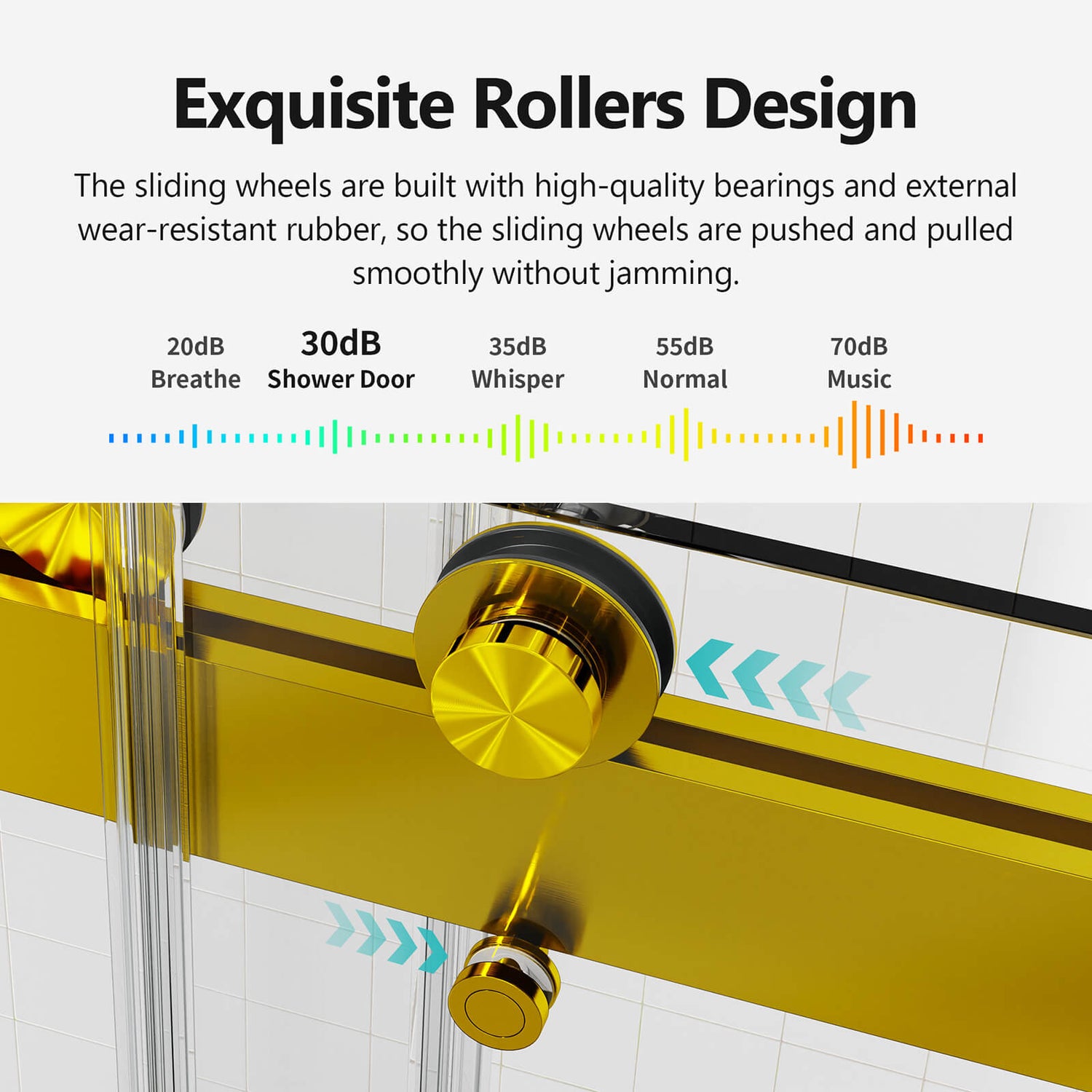 Brushed gold sliding shower doors with rubber dampers for stability