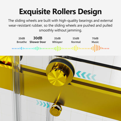 Brushed gold sliding shower doors with rubber dampers for stability