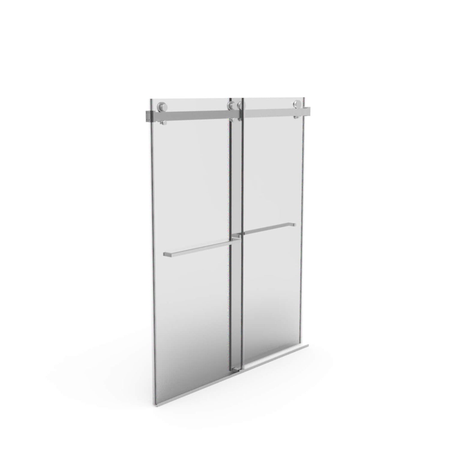Brushed nickel sliding shower door in traditional bathroom