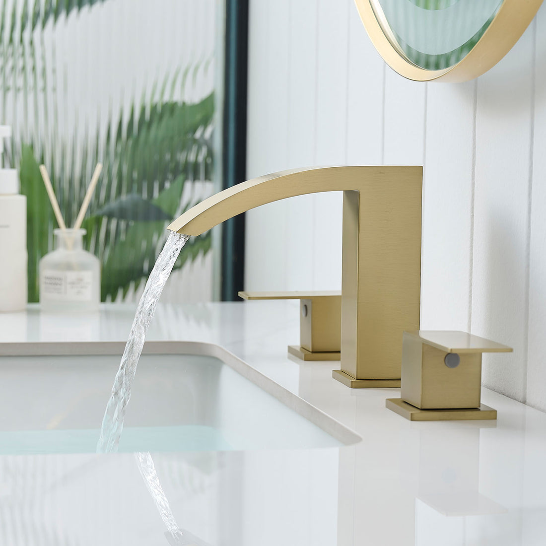 Brushed Gold 2 Handle Waterfall Widespread Bathroom Faucet for 3 Hole Sink