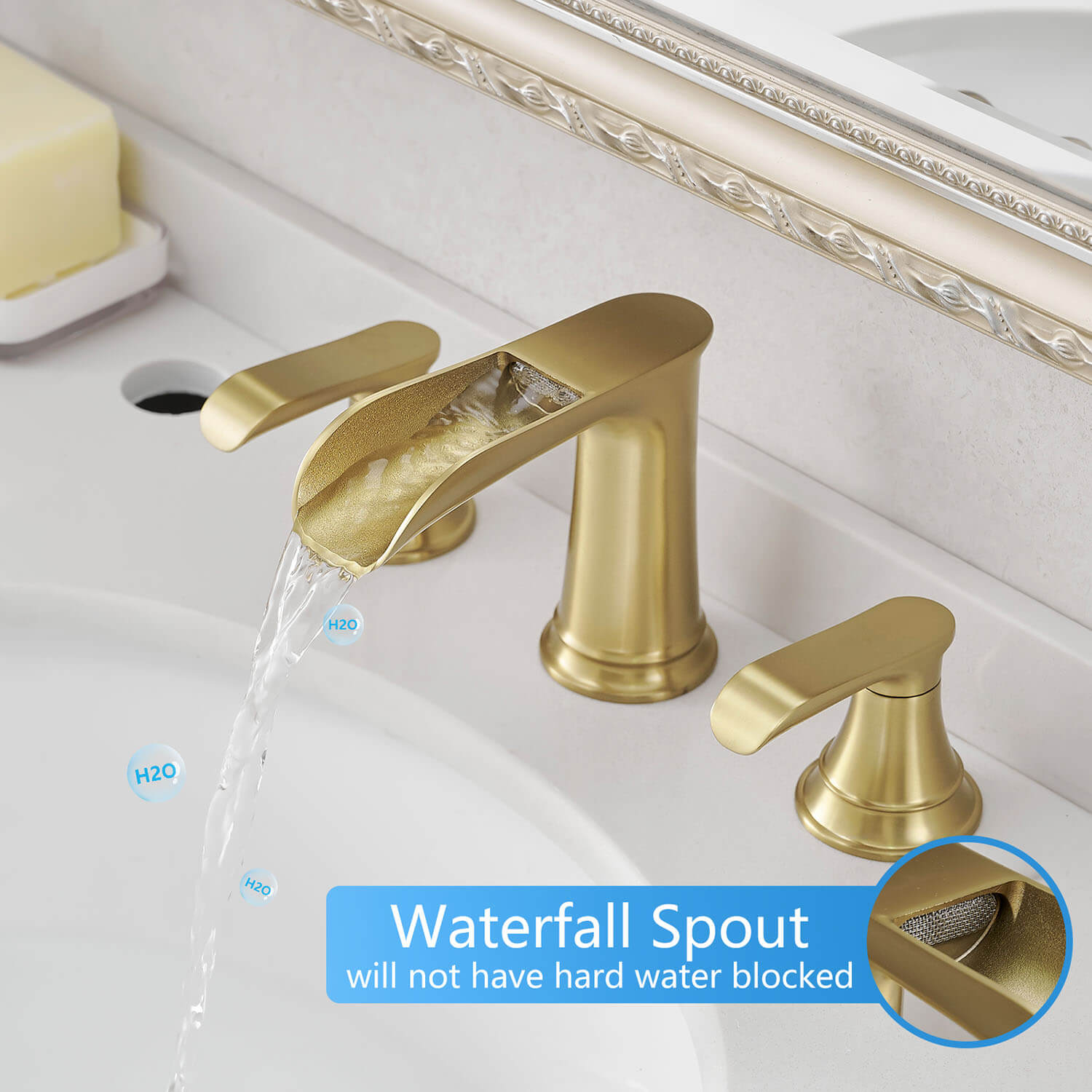 Brushed Gold 8 Inch Bathroom Faucet With 2 Handle- Waterfall spout
