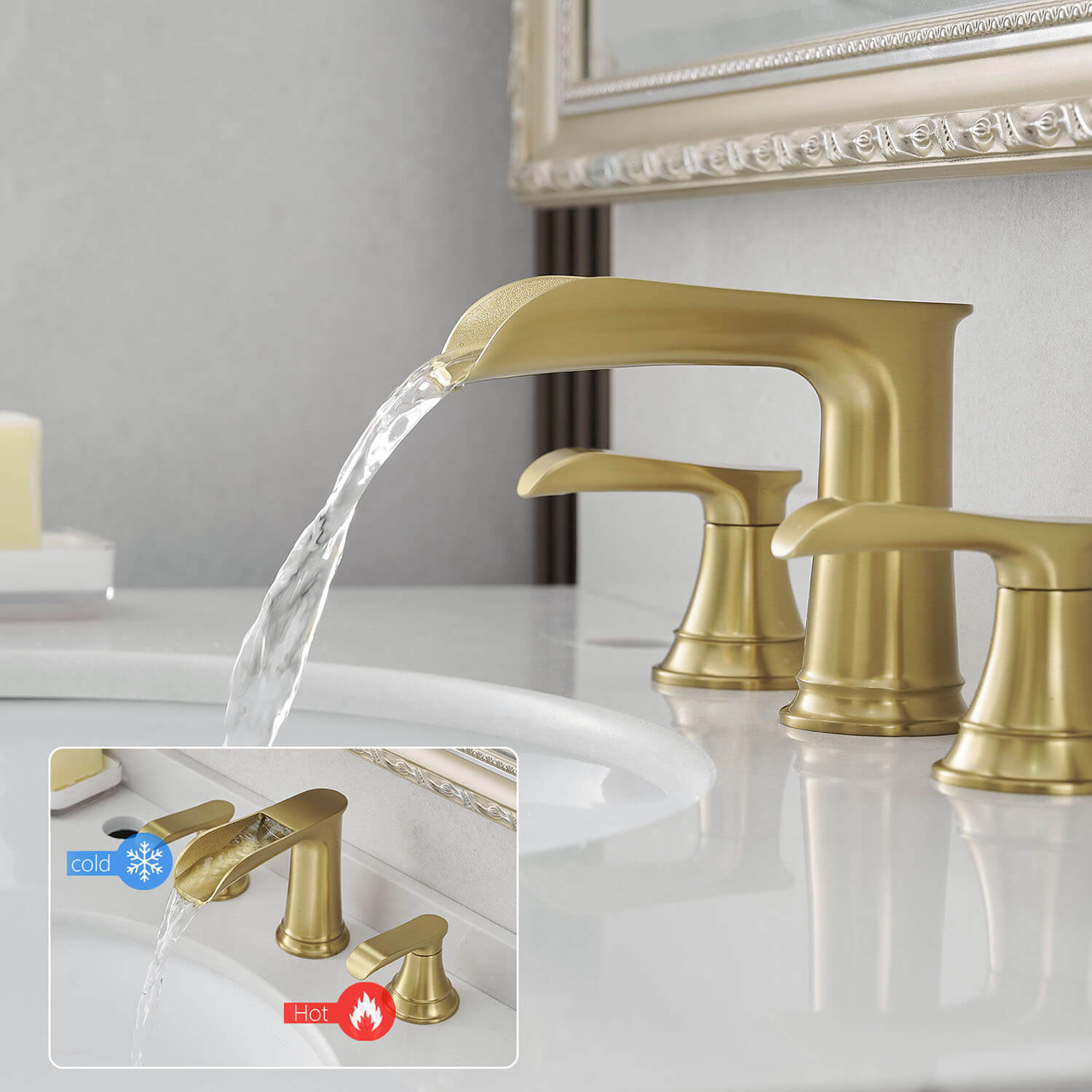 Brushed Gold 8 Inch Waterfall Bathroom Faucet With 2 Handle-temperature can be easily adjusted