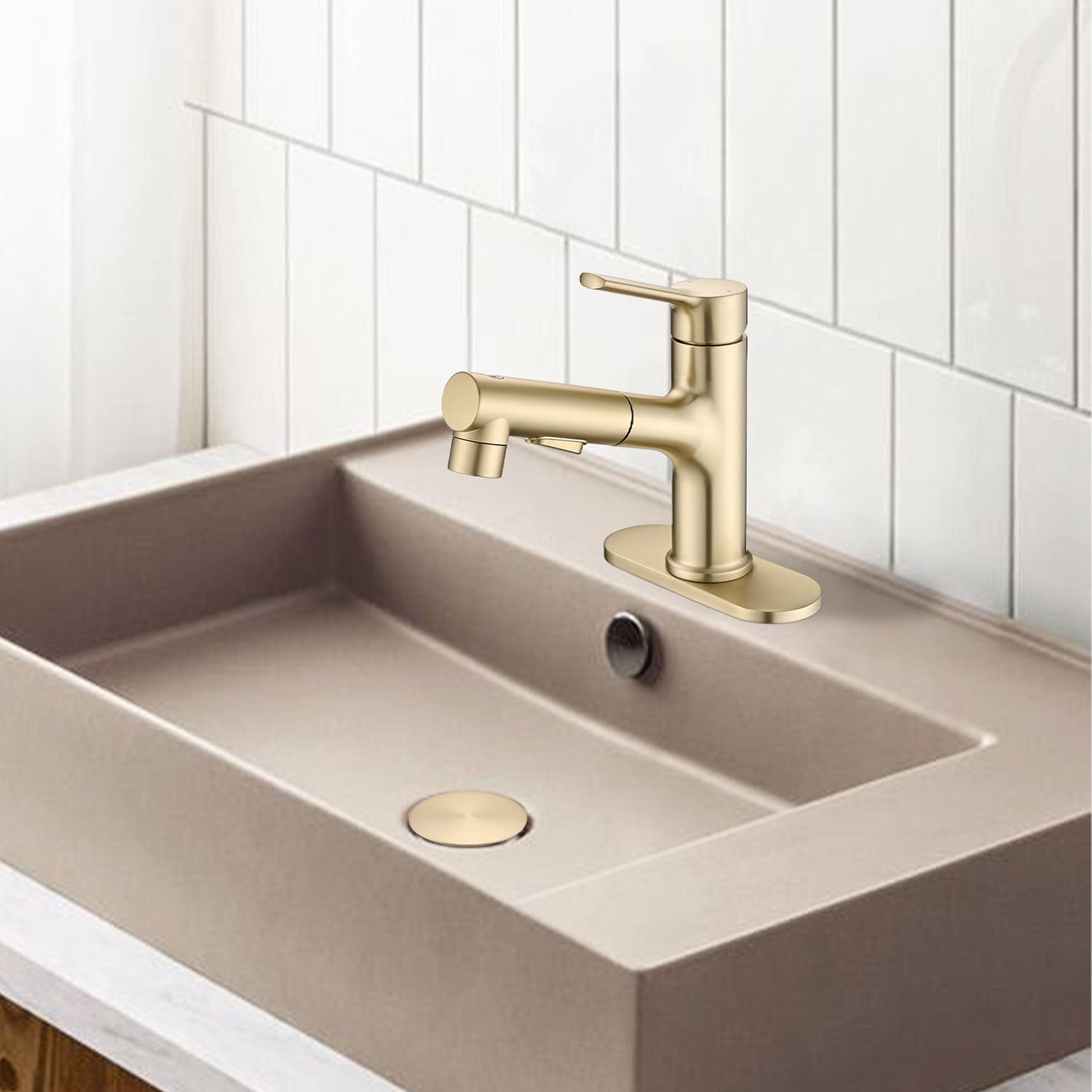 Brushed Gold Pull-Down Bathroom Faucet with Pop-Up Drain and Deck Plate