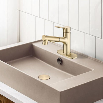 Brushed Gold Pull-Down Bathroom Faucet with Pop-Up Drain and Deck Plate
