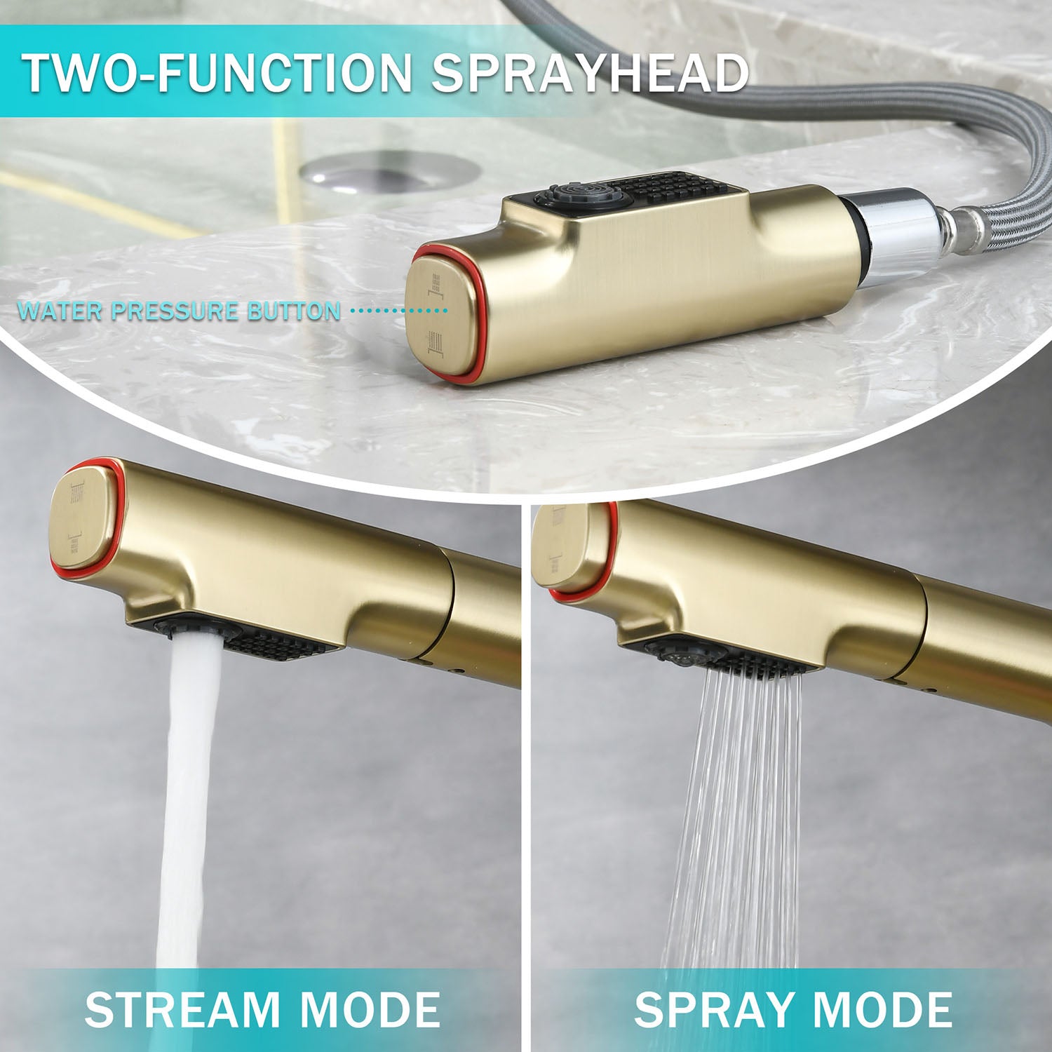 Brushed Gold Single Hole Bathroom Faucet with Dual Spray Modes