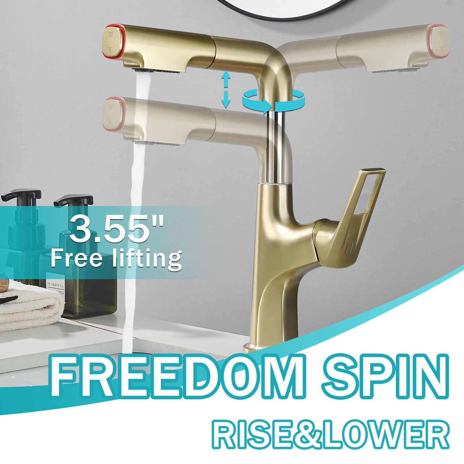 Brushed Gold Single Hole Bathroom Faucet with Lift Spout