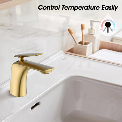 Brushed Gold Single Hole Bathroom Sink Faucet with Pop-Up Drain-Control Temperature Easily