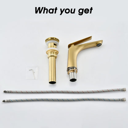 Brushed Gold Single Hole Bathroom Sink Faucet with Pop-Up Drain and Water Supply Hose