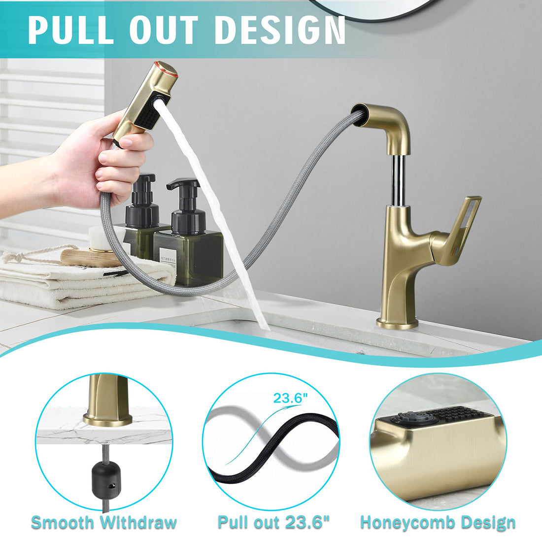 Brushed Gold Single Hole Pull-Down Bathroom Faucet