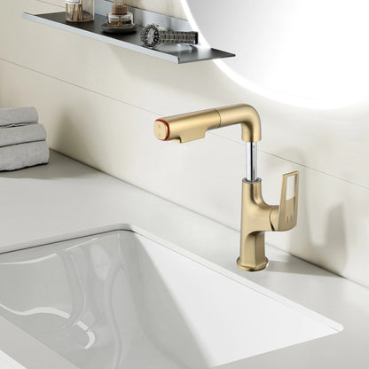 Brushed Gold Single Hole Pull-Down Bathroom Faucet with Lift Spout and Dual Spray Modes