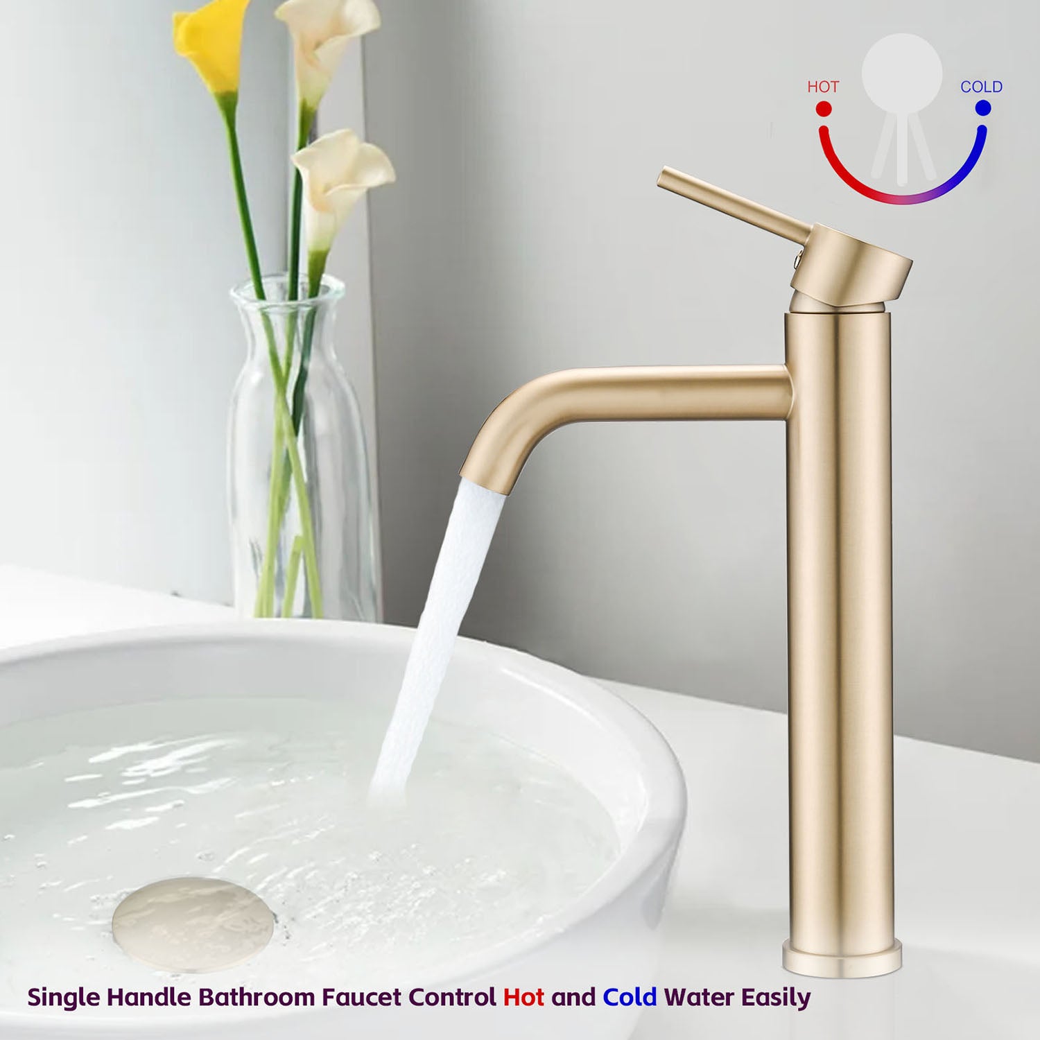 Brushed Gold Tall Single Hole Bathroom Faucet for Vessel Sink