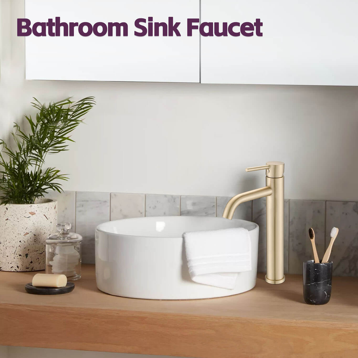 Brushed Gold Tall Single Hole single handle Bathroom Faucet