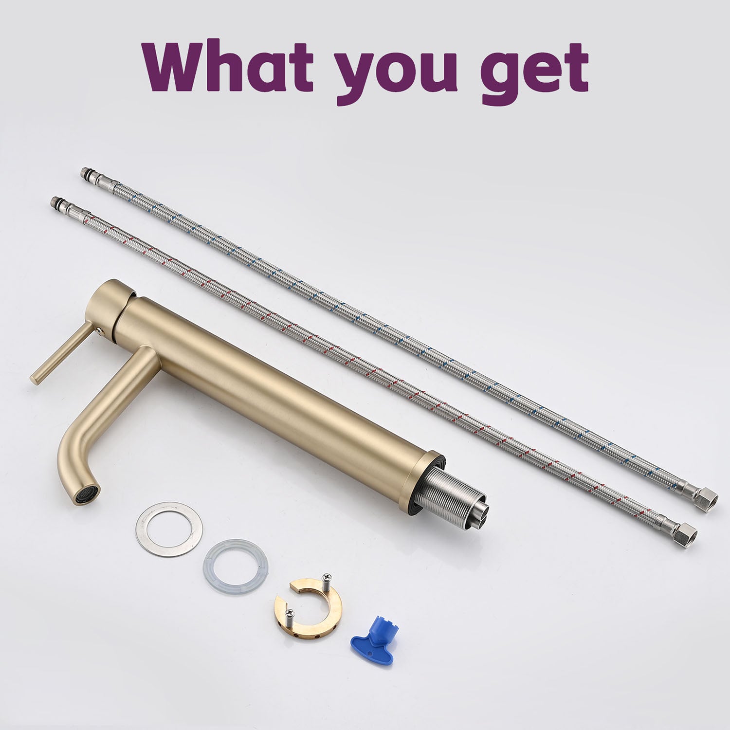 Brushed Gold Tall single handle Bathroom Faucet with hoses and install fitting