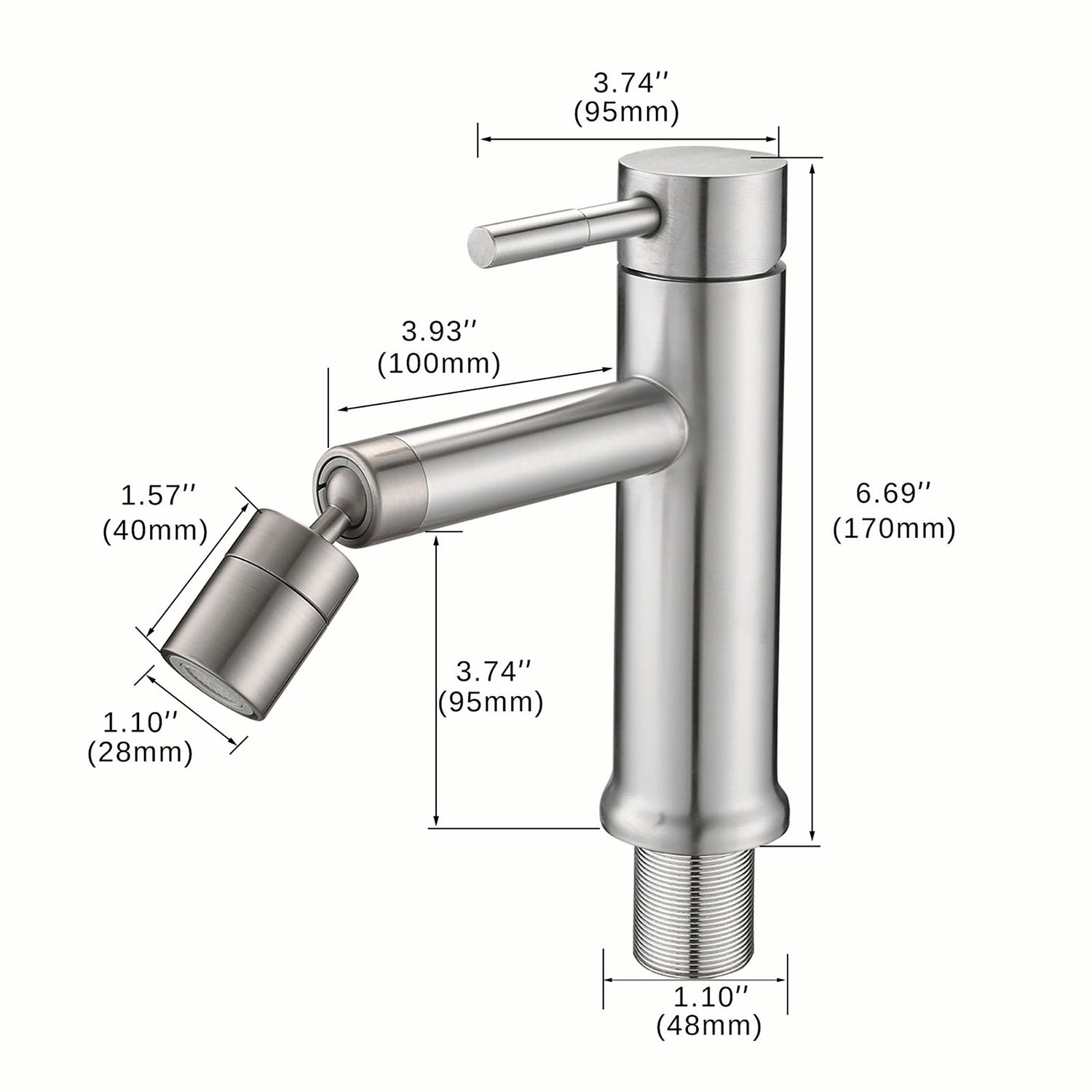 Brushed Nickel 360° Rotating Aerator Sink Faucet Size
