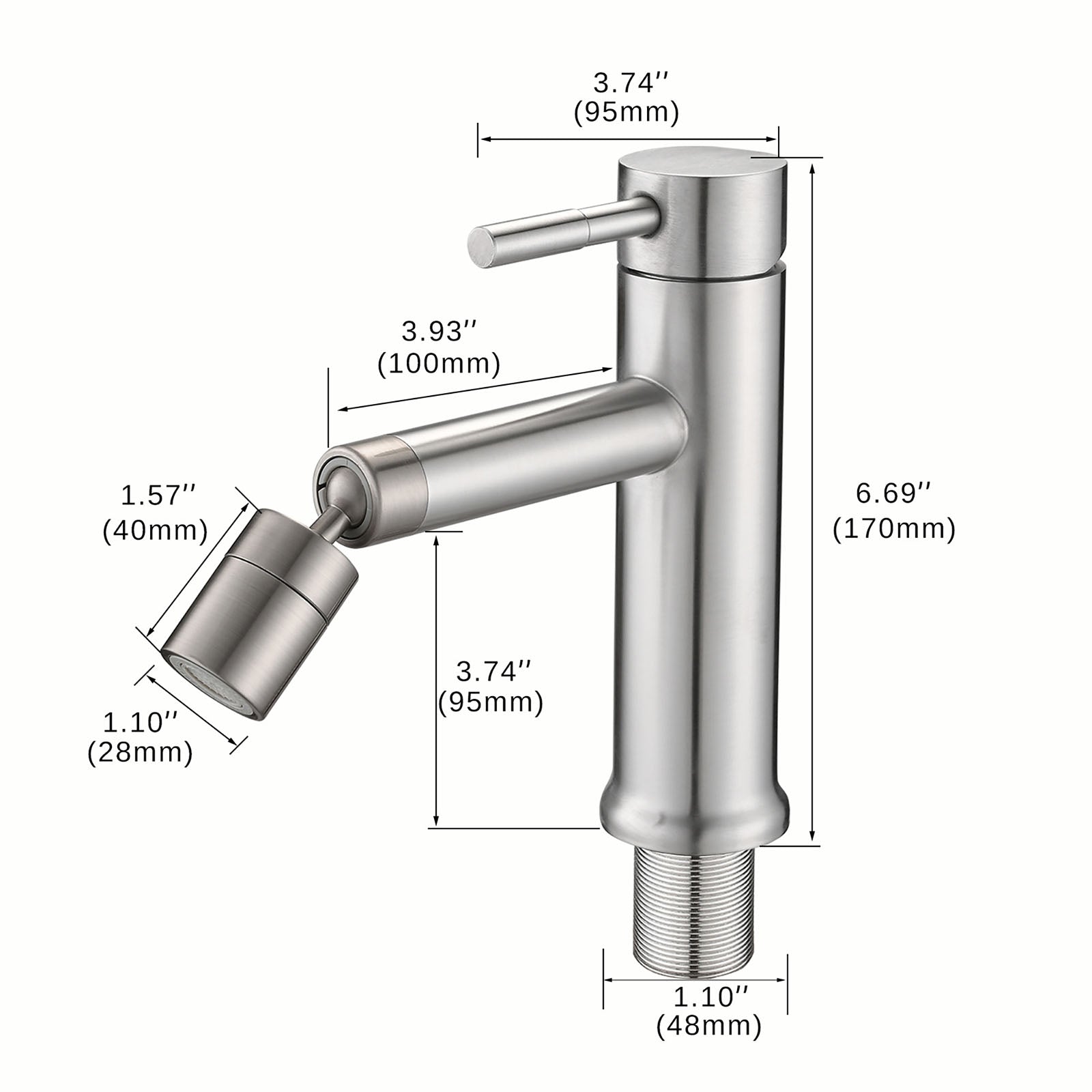 Brushed Nickel 360° Rotating Aerator Sink Faucet Size