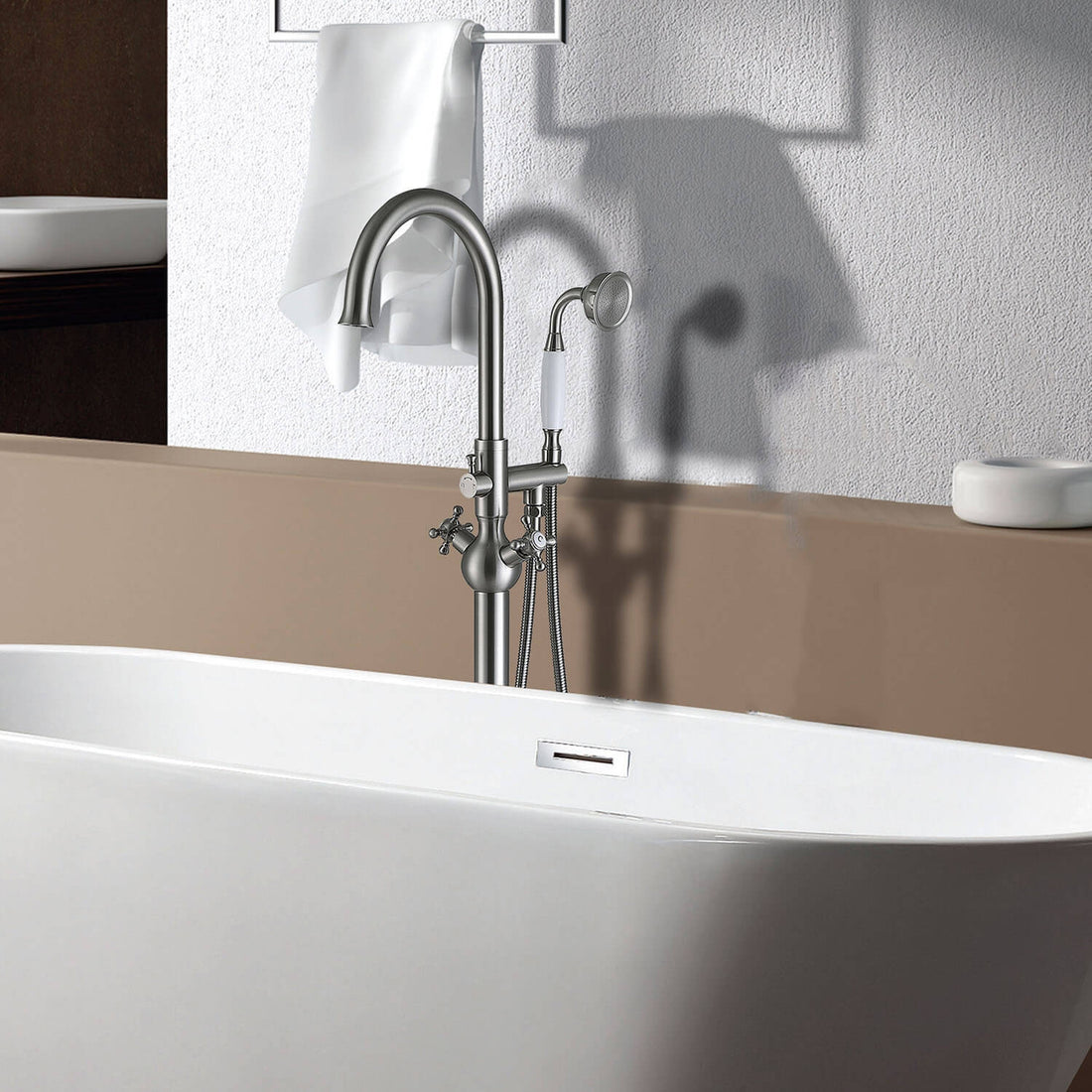 Brushed Nickel Independent Freestanding Tub Filler Faucet