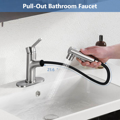 Brushed Nickel Pull-Down Bathroom Faucet with 23.6 inch hose