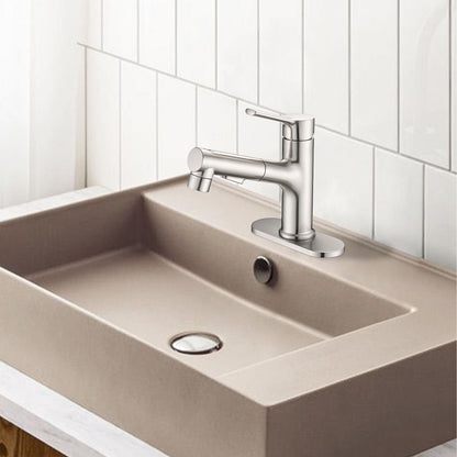 Brushed Nickel Pull-Down Bathroom Faucet with Pop-Up Drain and Deck Plate