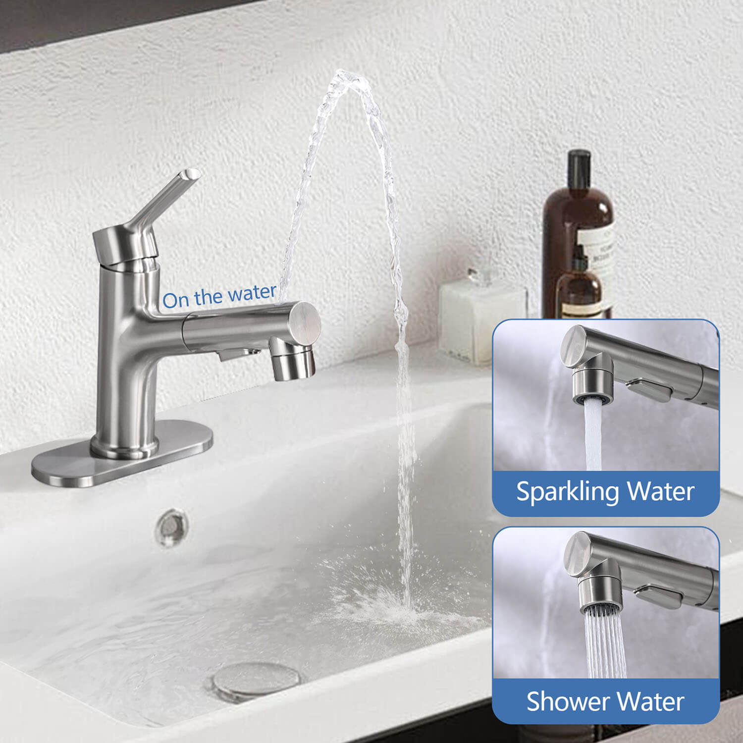 Brushed Nickel Pull-Down Bathroom Faucet with three spray mode