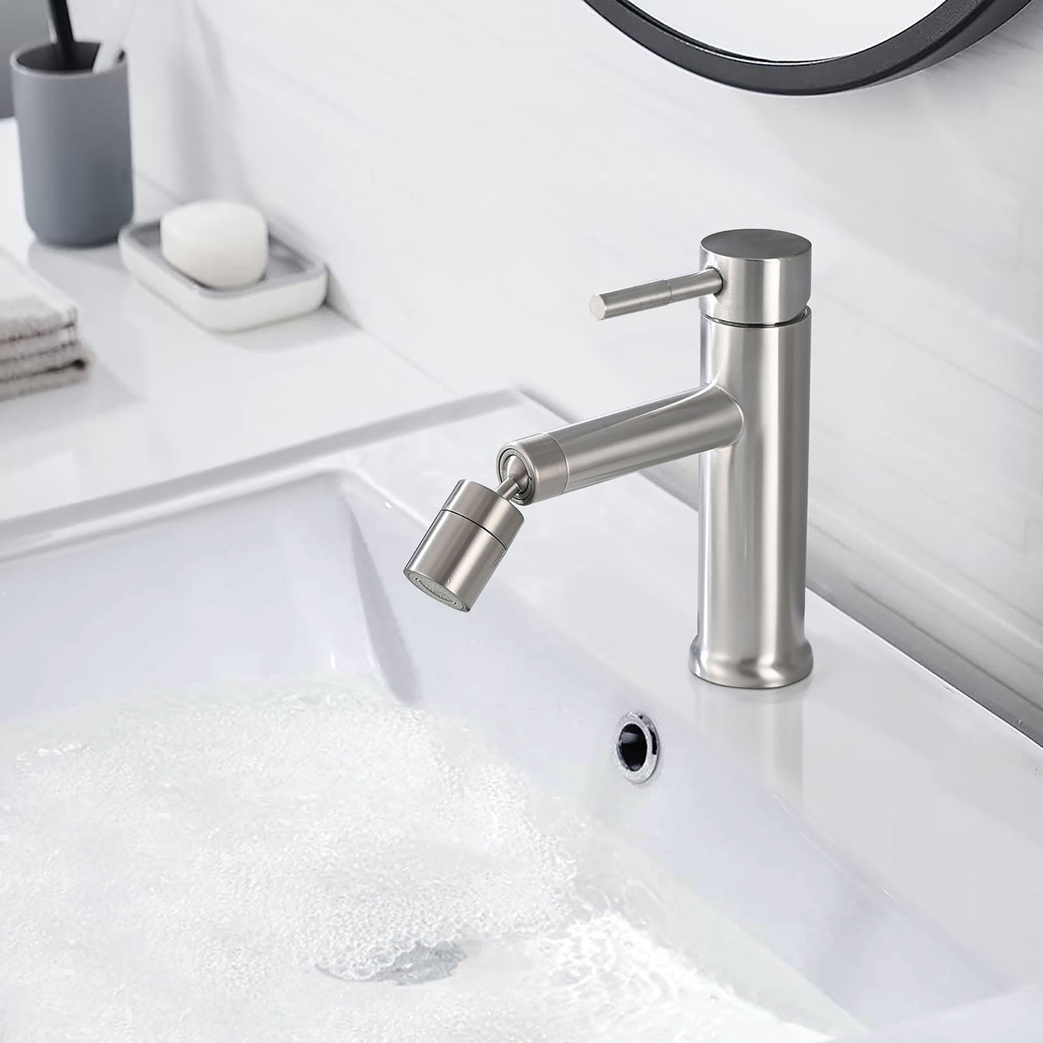 Brushed Nickel Sink Faucet with 2 Mode 360° Rotating Aerator