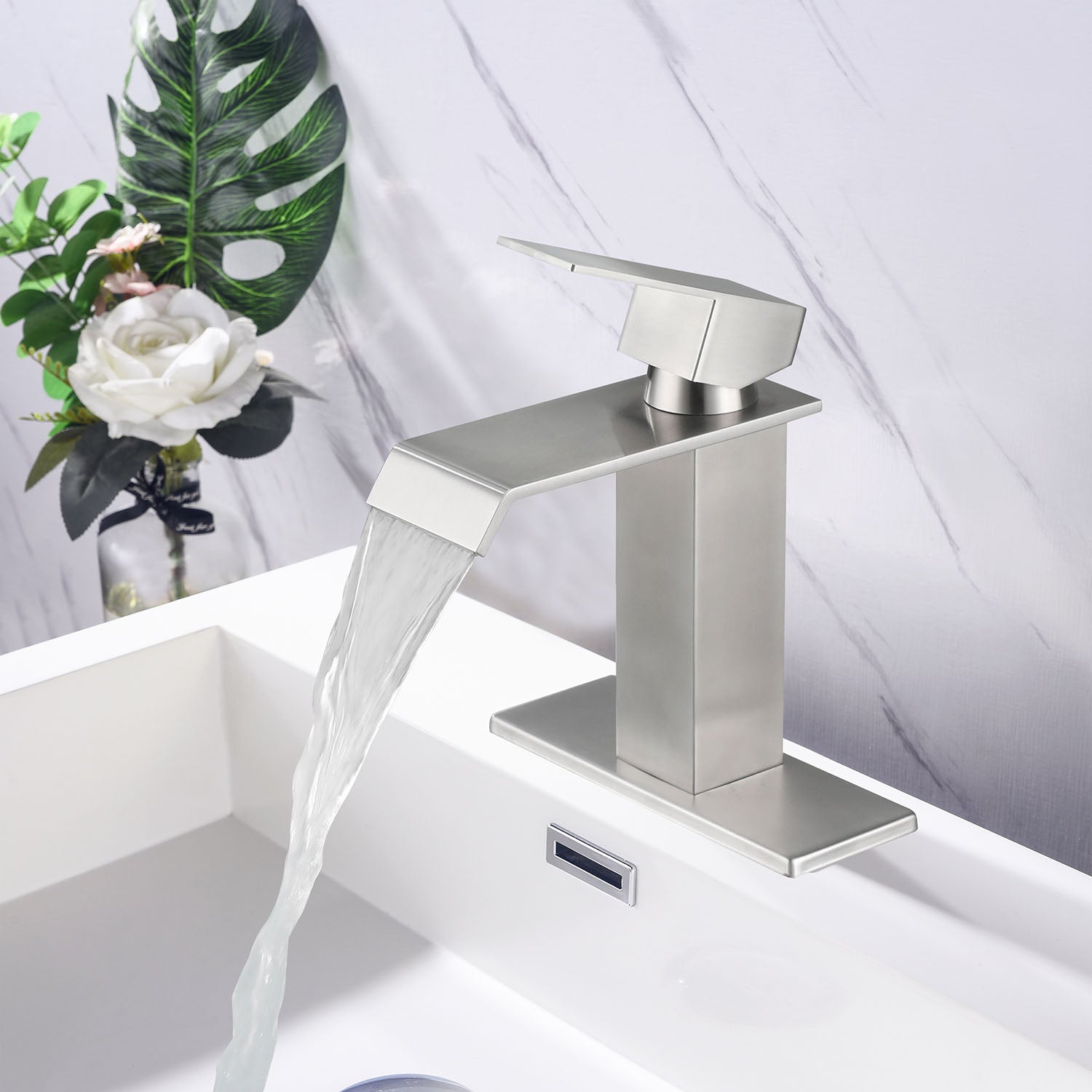 Brushed Nickel Stainless Steel Single Handle Waterfall Bathroom Faucet