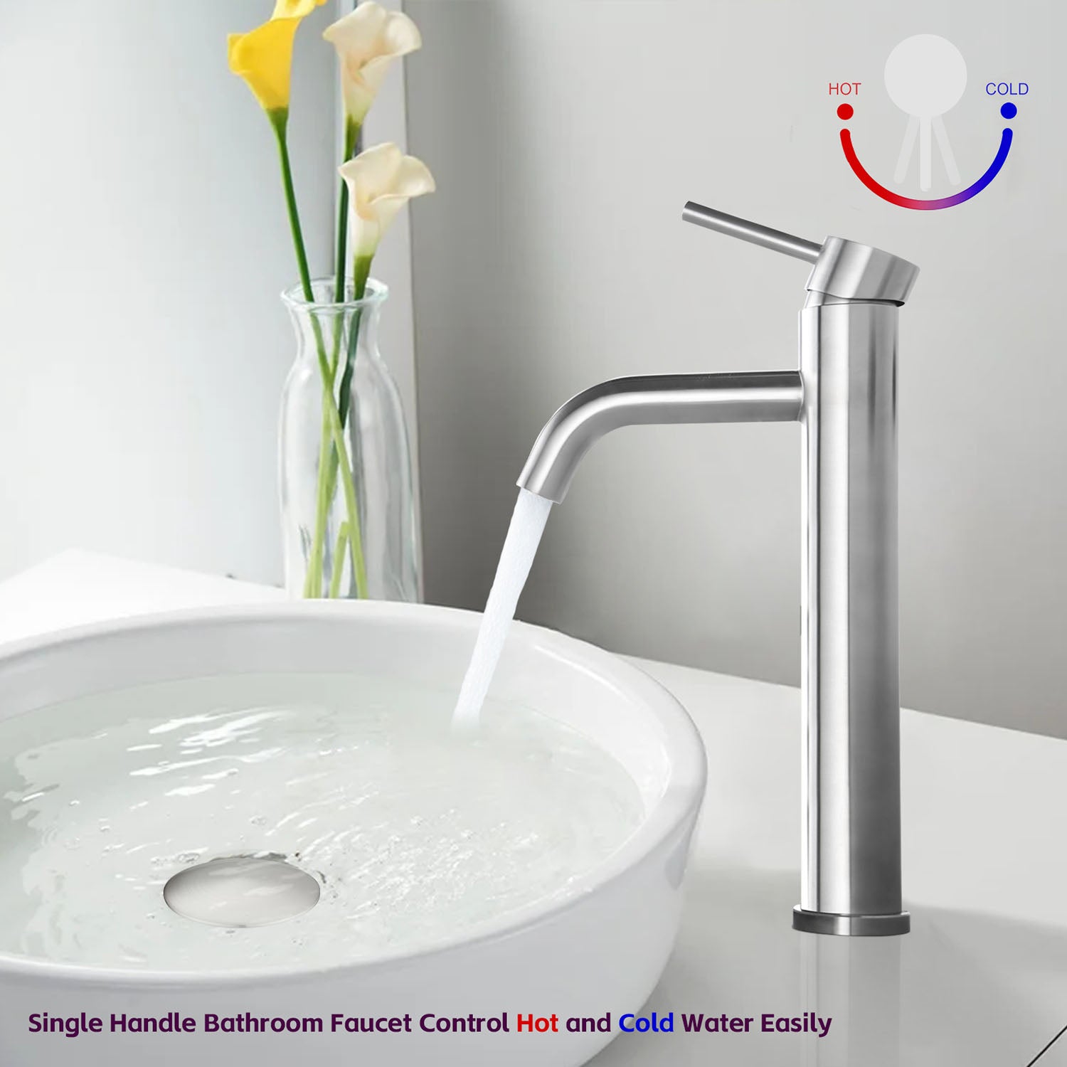 Brushed Nickel Tall Single Hole Bathroom Faucet for Vessel Sink