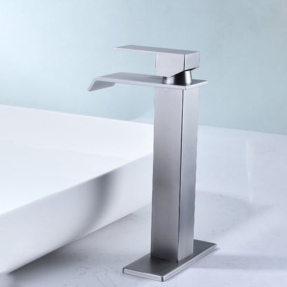 Brushed Nickel Waterfall Spout Single Handle Bathroom Faucet with Deck Plate