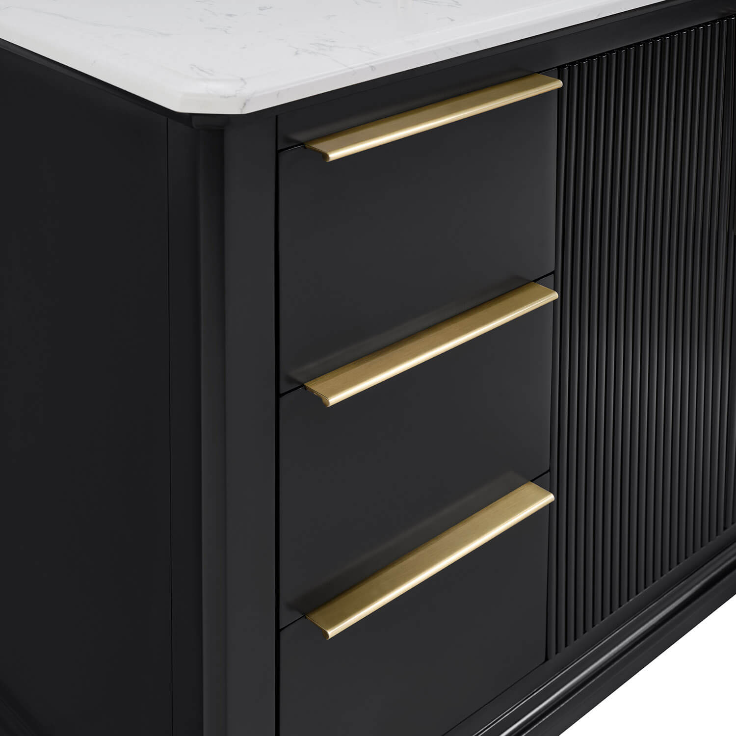 Brushed gold cabinet hardware on a modern blue bathroom vanity