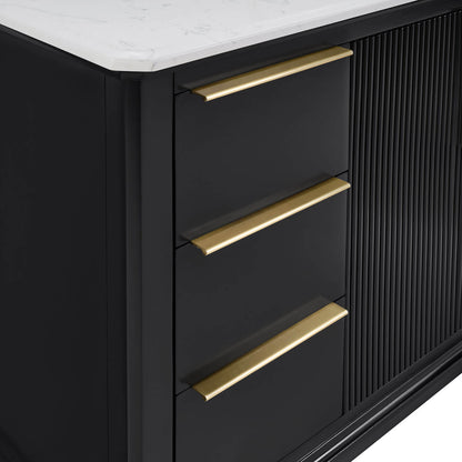 Brushed gold cabinet hardware on a modern blue bathroom vanity