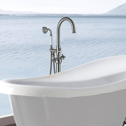 Brushed nickel tub filler with hand shower and dual handle control