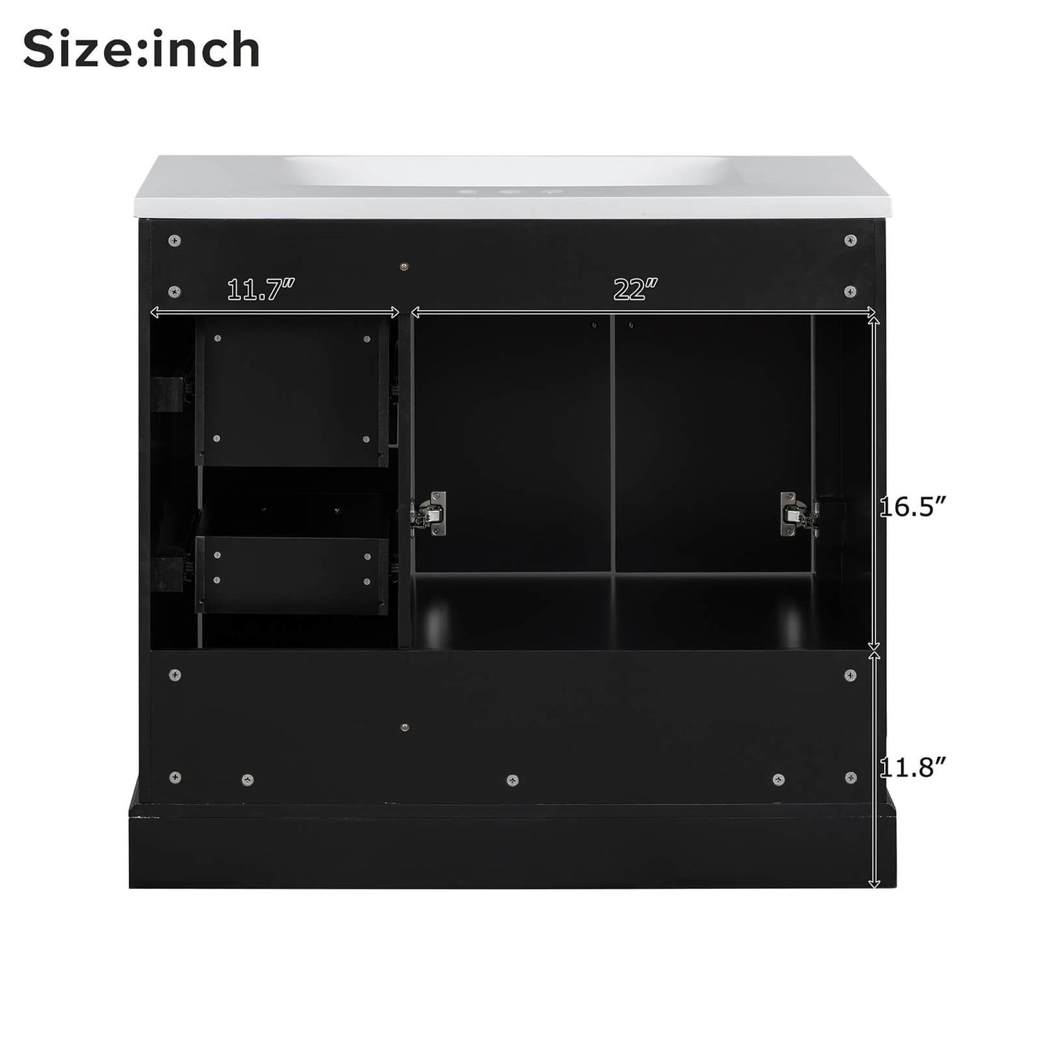 Cabinet Section Dimensions for 36 inch Traditional Black Bathroom Vanity with Resin Sink