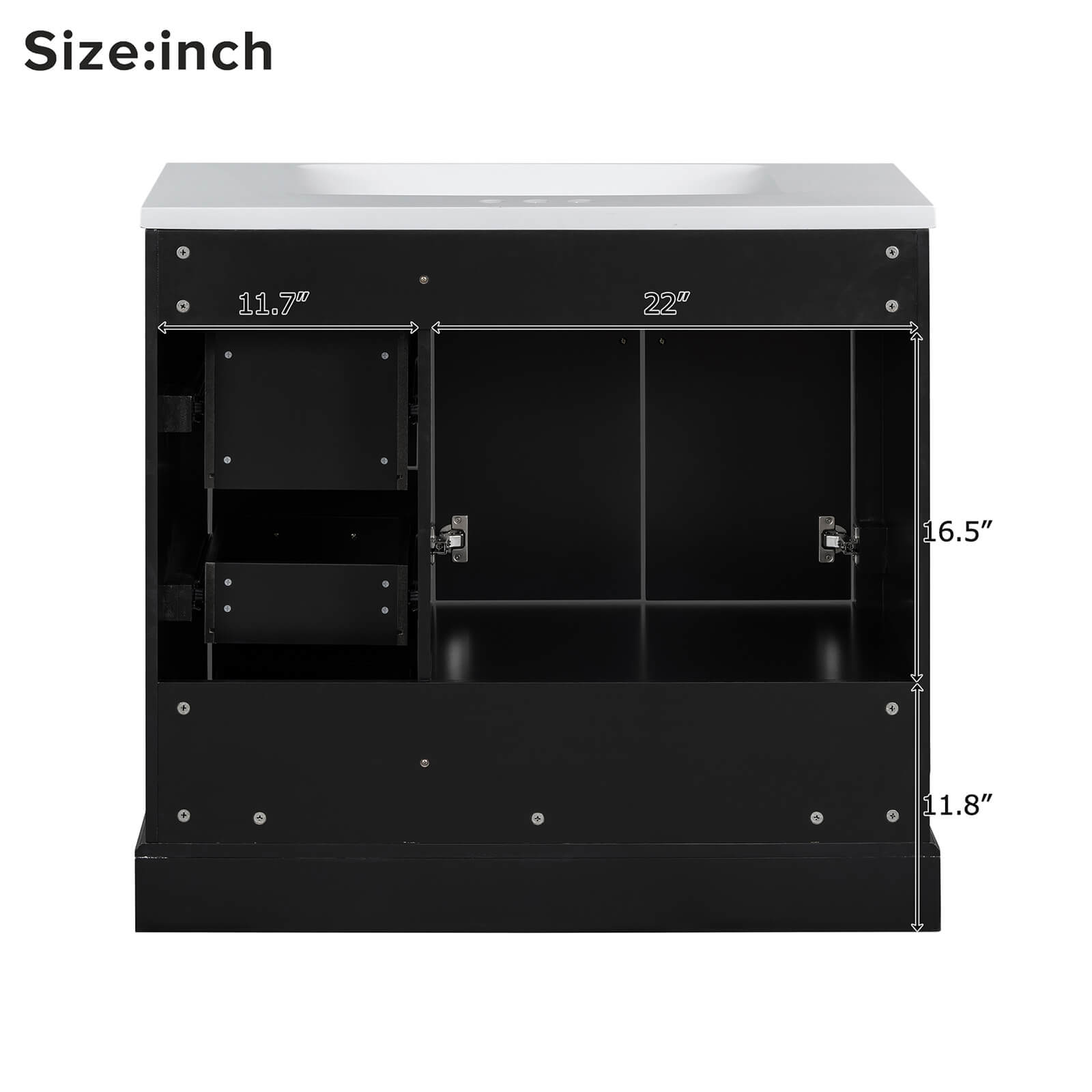 Cabinet Section Dimensions for 36 inch Traditional Black Bathroom Vanity with Resin Sink