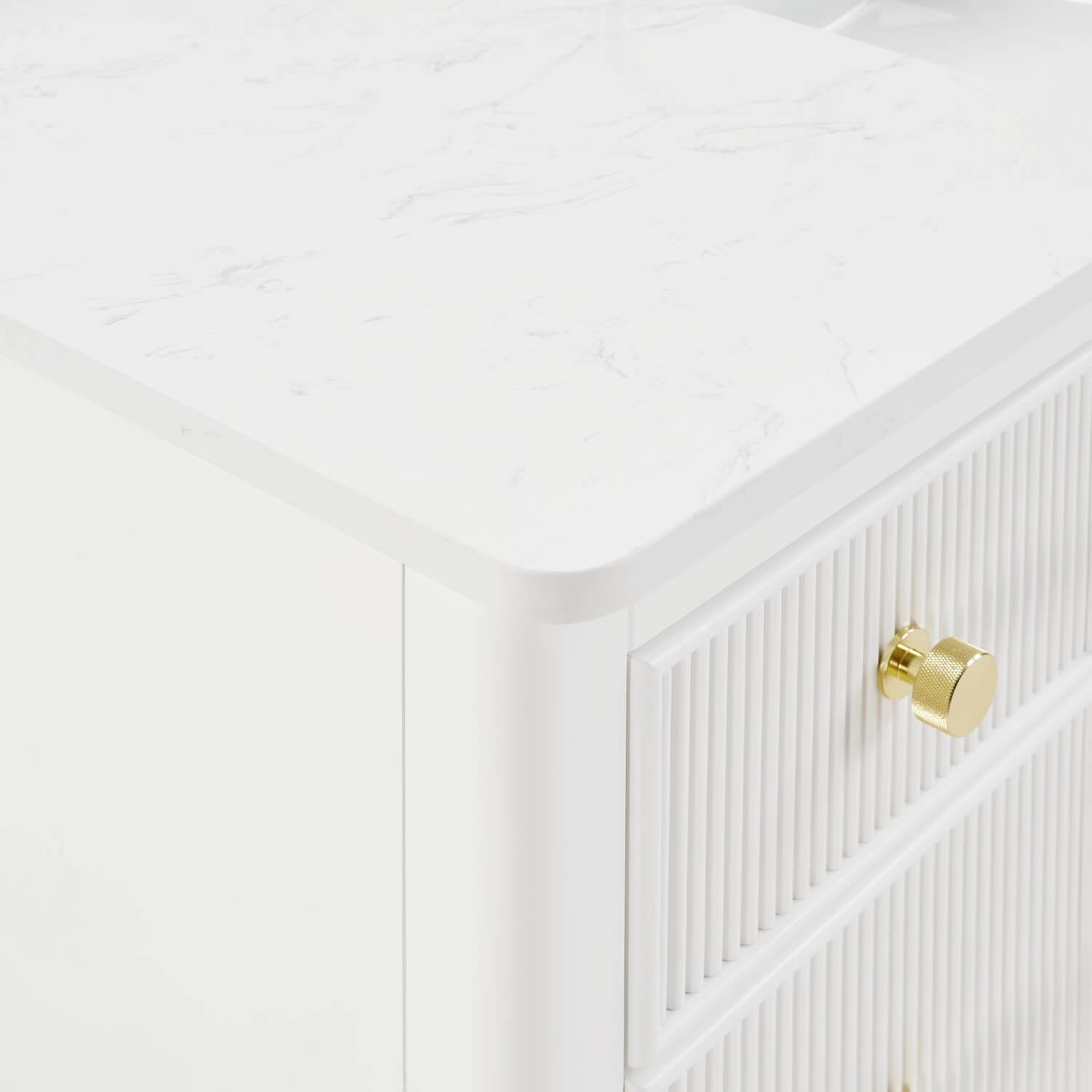 Carrara White engineered stone countertop with ceramic undermount sink