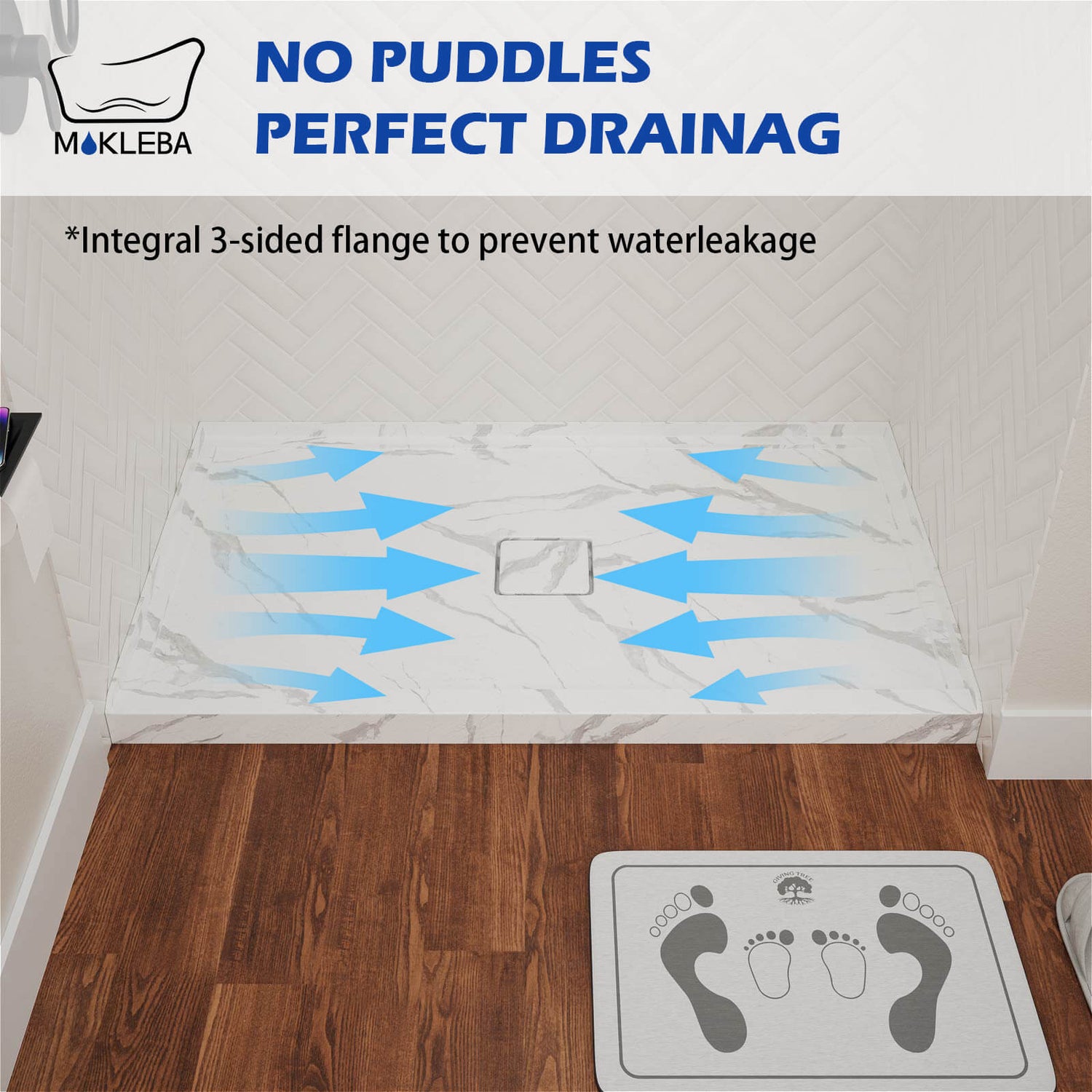 Center drain acrylic shower pan with durable construction