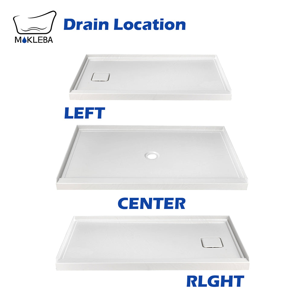 Centered round drain location on 48x32 white acrylic shower base