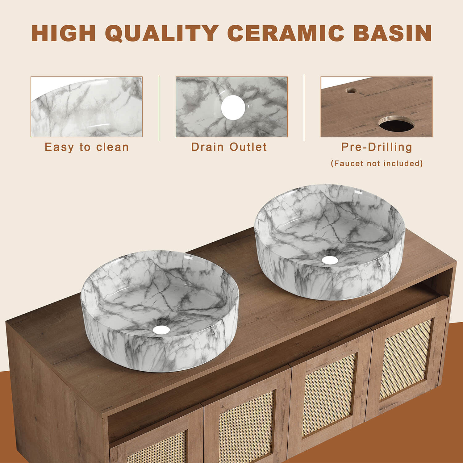 Ceramic basin with marble-like texture