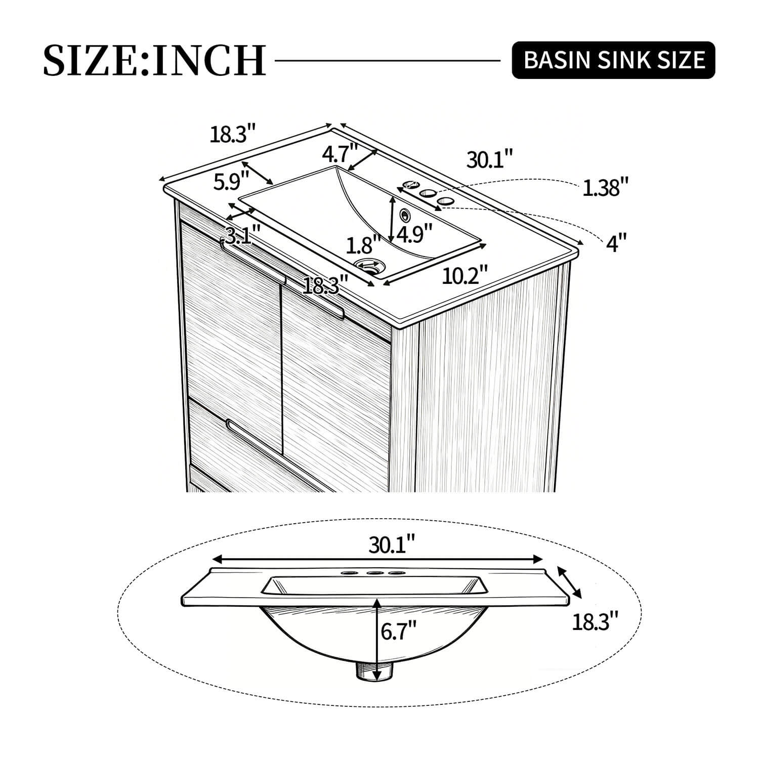 Ceramic sink dimension diagram with width and depth measurements