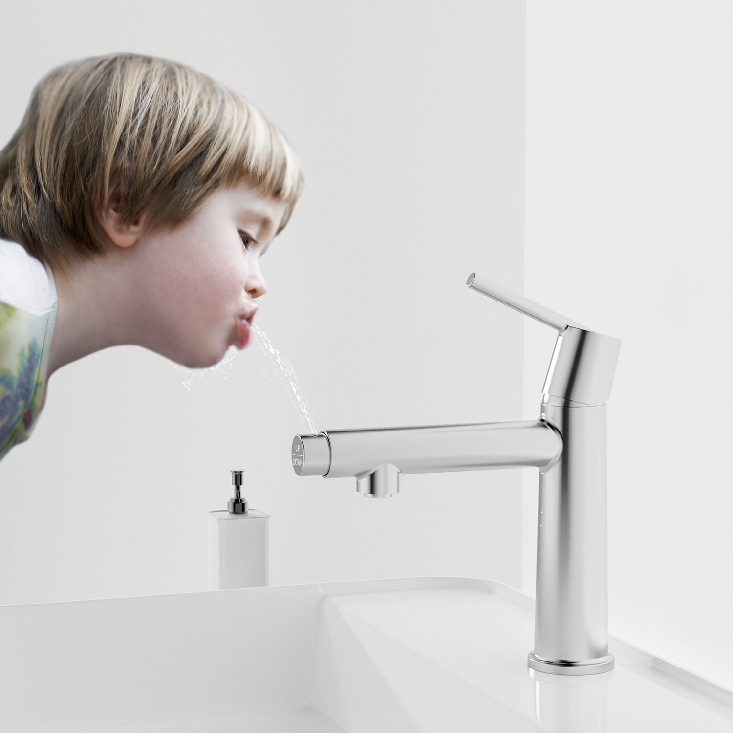 Child drinking water from Chrome Bathroom Faucet with fountain mode