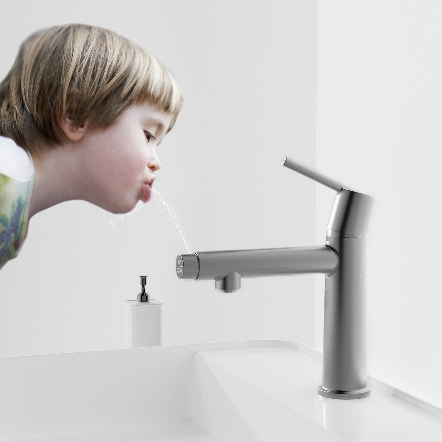 Child drinking water from Gray Bathroom sink Faucet